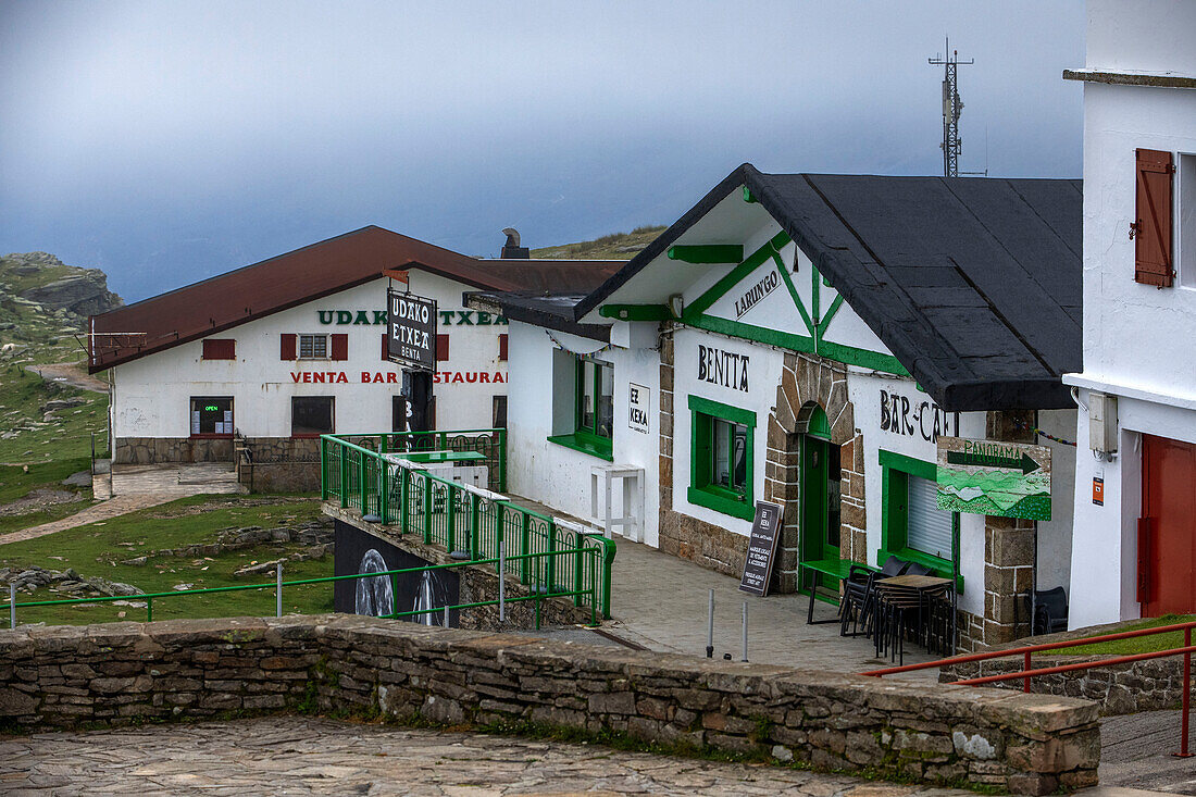Restaurant and shop on the top of La Rhune mountain, on the Spanish side of the French border, Pyrenees Atlantiques, Pays Basque, France