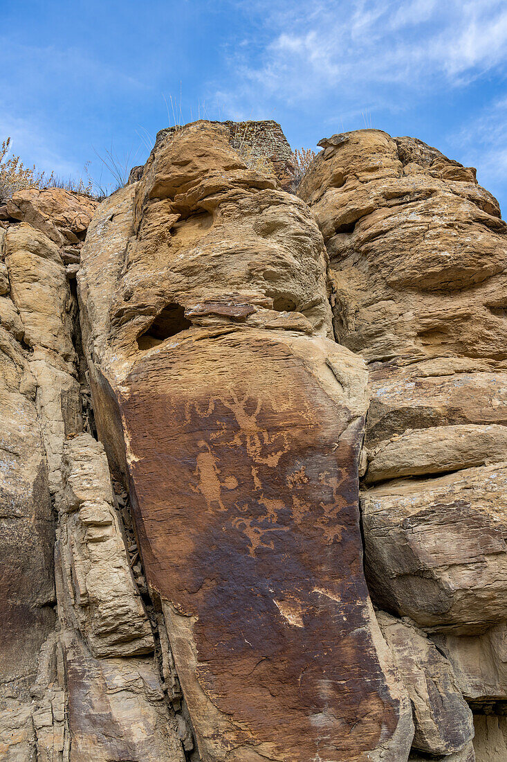 A pre-Hispanic Native American petroglyph rock art panel in Nine Mile Canyon in Utah.