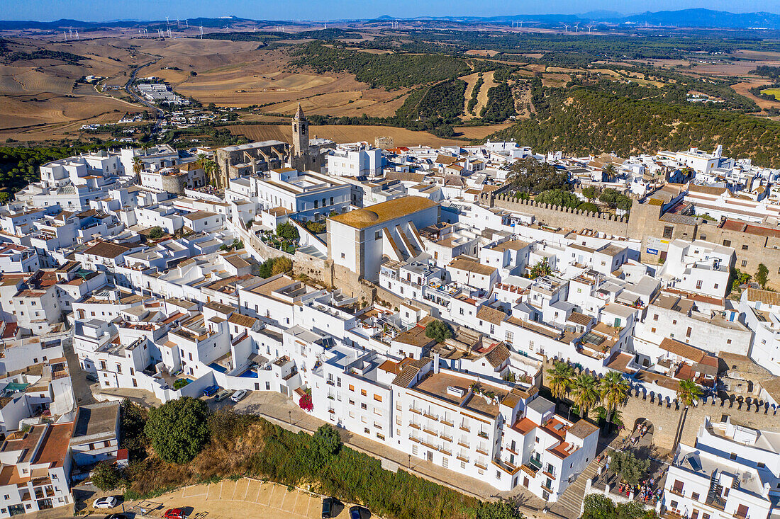 Luftaufnahme von Vejer de la Frontera, Provinz Cádiz, Costa de la luz, Andalusien, Spanien