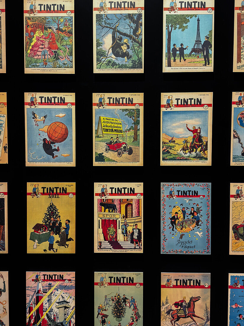 Assorted covers of The Adventures of Tintin comic books by Herge.