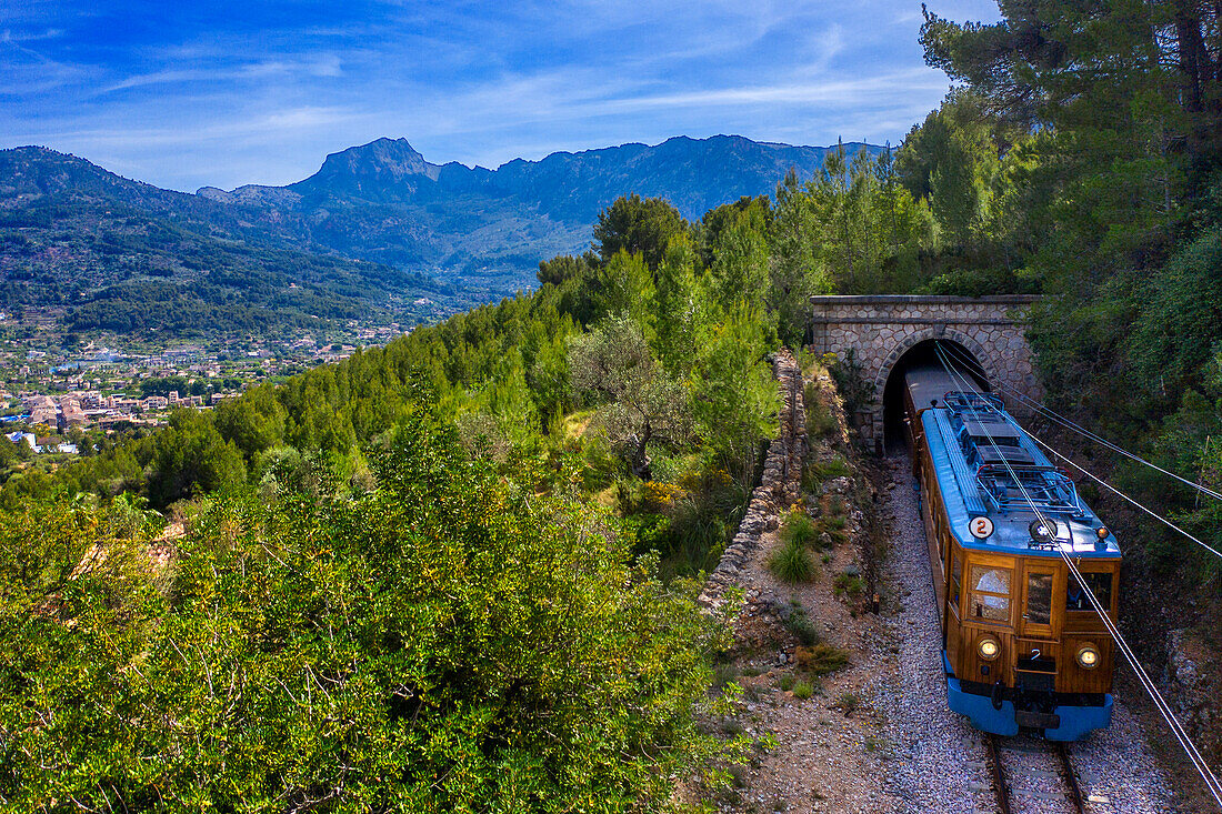 Aerial view near Soller village. Landscape of tren de Soller train vintage historic train that connects Palma de Mallorca to Soller, Majorca, Balearic Islands, Spain, Mediterranean, Europe.