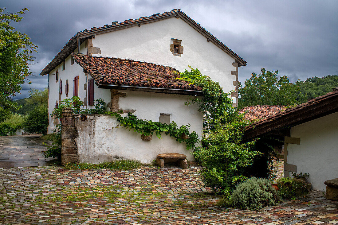 Biarritz, Ainhoa Commune, Aquitaine region, France. Ortillopitz, a traditional basque house Ainhoa, a commune in the Pyrénées-Atlantiques, is considered one of the most beautiful villages in France