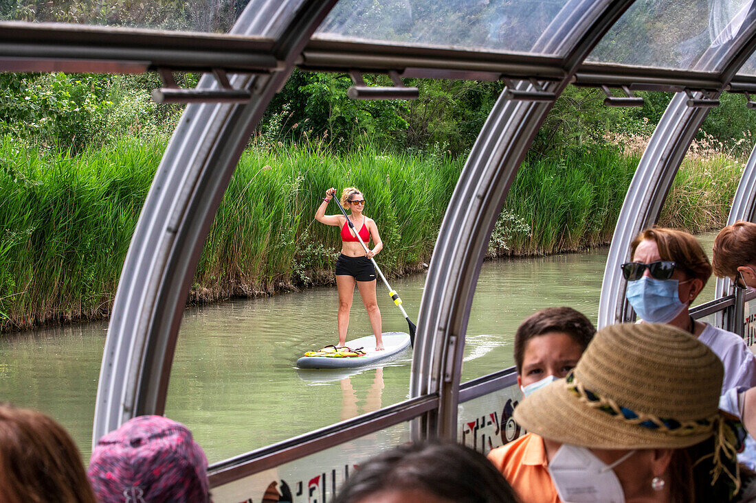 Frau beim Paddelsurfen und Bootsausflug auf dem Fluss Rio Tajo oder Tagus im Garten von La Isla Aranjuez, Spanien