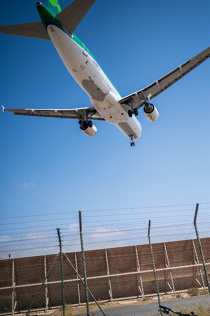 Airplanes landing in Lanzarote airport, Canary Islands, Spain