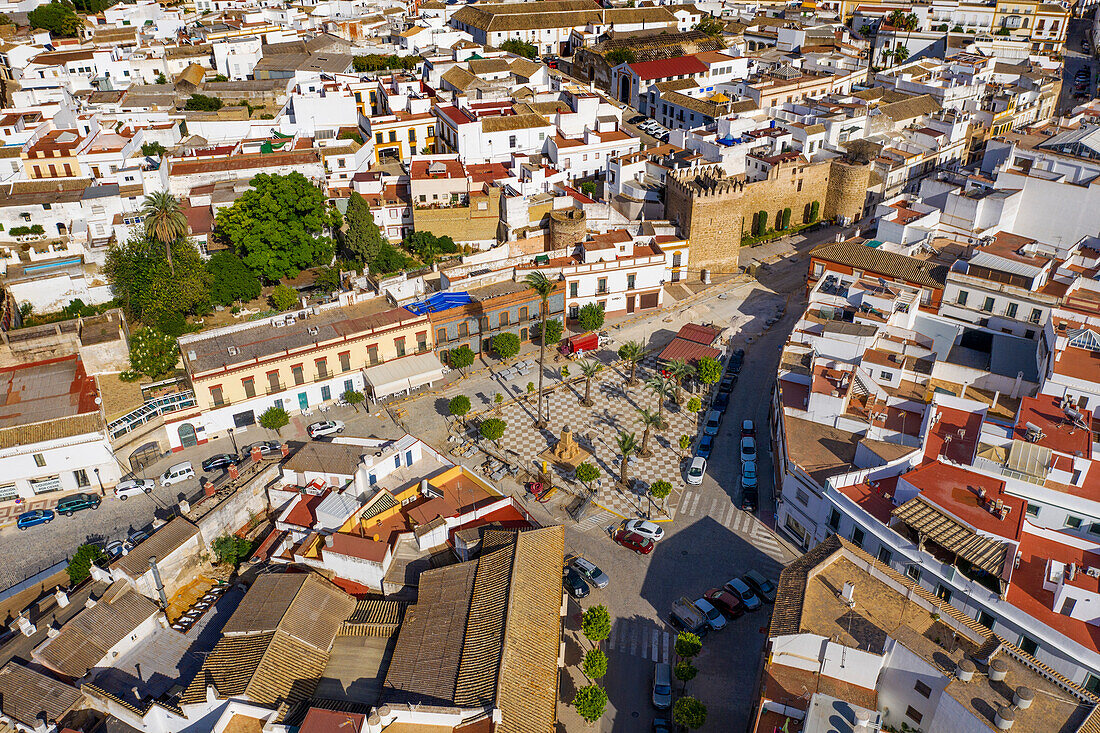 Aerial view of Marchena old town in Seville province Andalusia South of Spain. Plaza Padre Alvarado square.