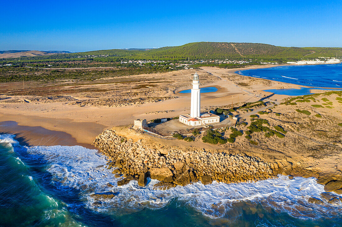 Aerial view of Caños de Meca Cape Trafalgar lighthouse, Barbate, Cadiz province, Region of Andalusia, Spain, Europe.