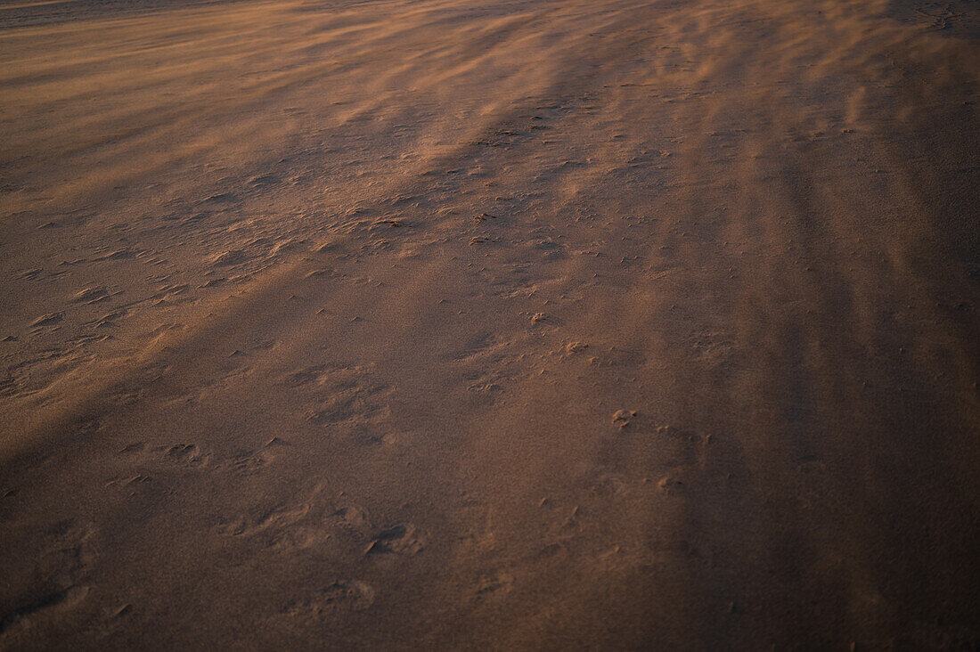 Wind bläst Sand an einem Strand in Lanzarote, Kanarische Inseln, Spanien