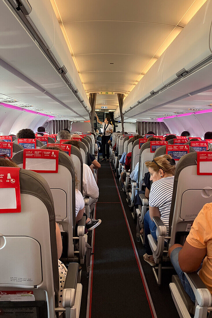 Interior of an Iberia Express flight from Madrid to Lanzarote, Spain