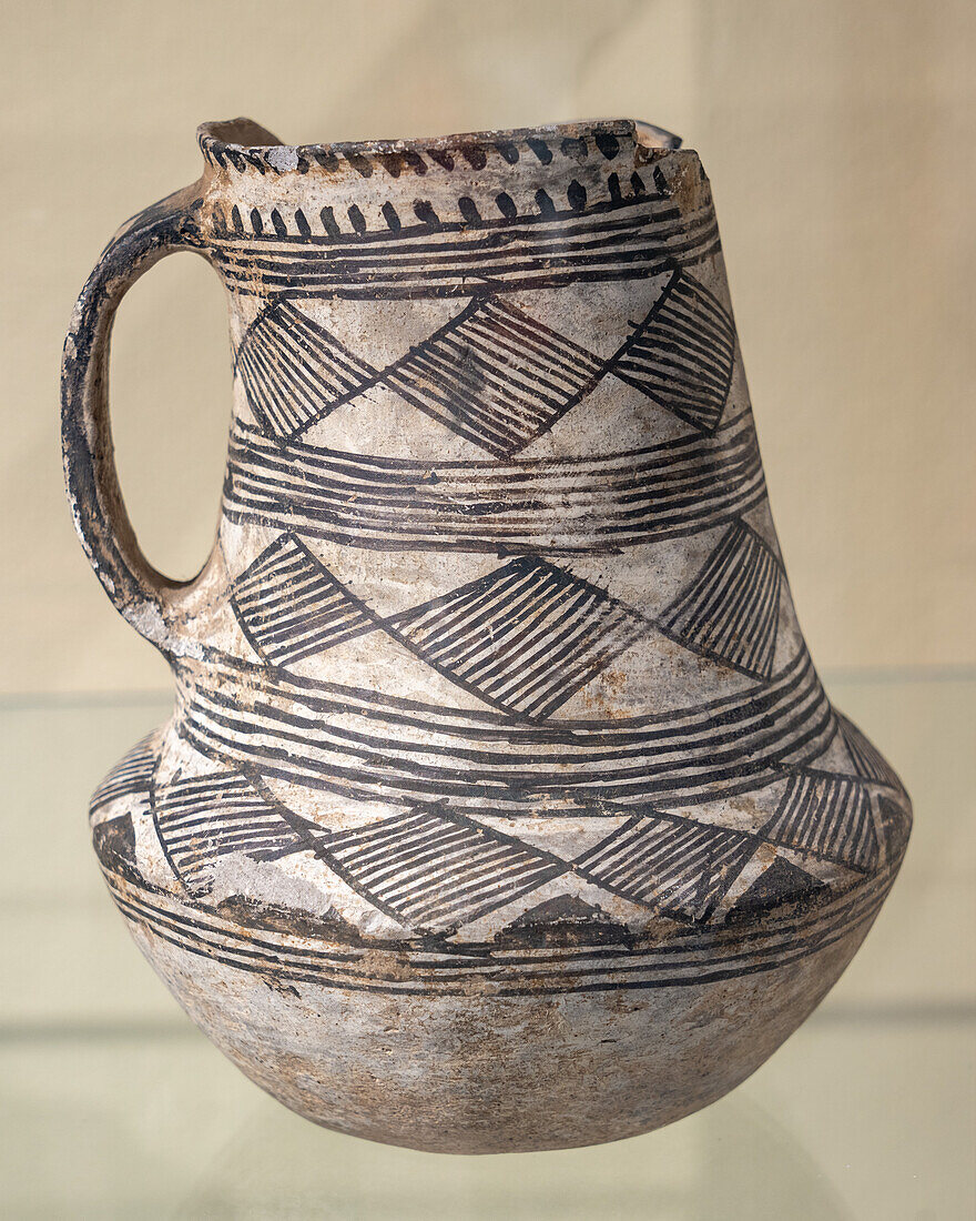 Pre-Hispanic Native American black-on-white pottery in the USU Eastern Prehistoric Museum in Price, Utah.