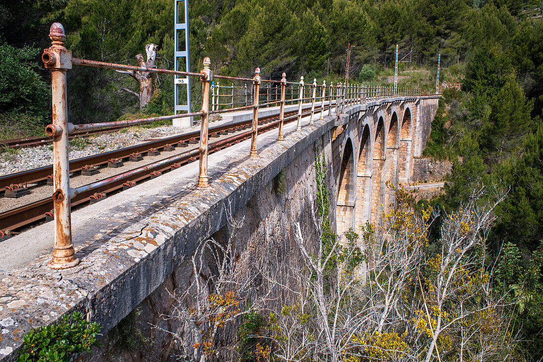 Tren de Soller train, viaduct Cinc-Ponts. That train connects Palma de Mallorca to Soller, Majorca, Balearic Islands, Spain, Mediterranean, Europe.