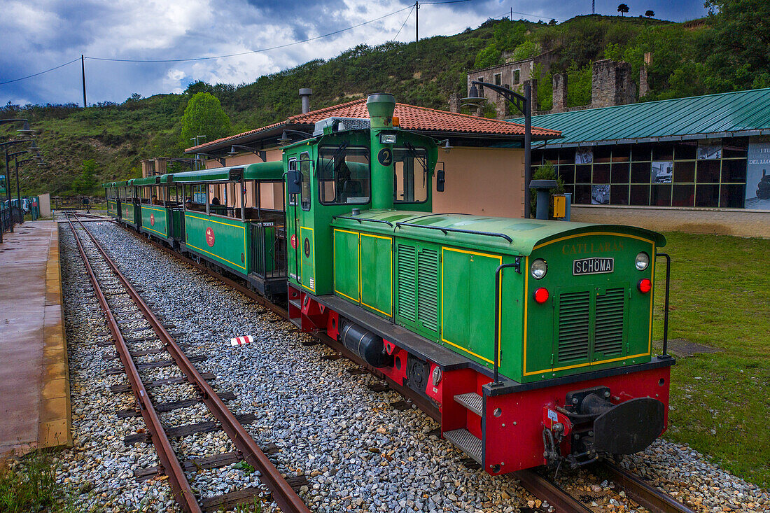 Aerial view of Tren del Ciment, at Pobla de Lillet station, La Pobla de Lillet, Castellar de n´hug, Berguedà, Catalonia, Spain.