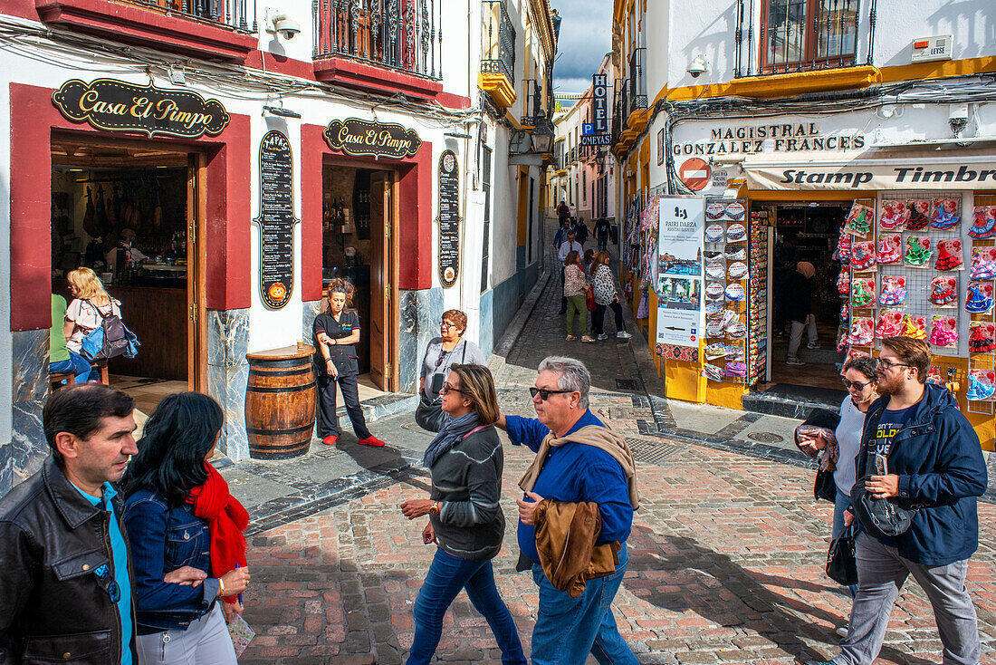 Geschäfte, Bars und Restaurants vor der Moschee der Kathedrale La Mezquita in der historischen Altstadt La Juderia, Cordoba, Andalusien, Spanien