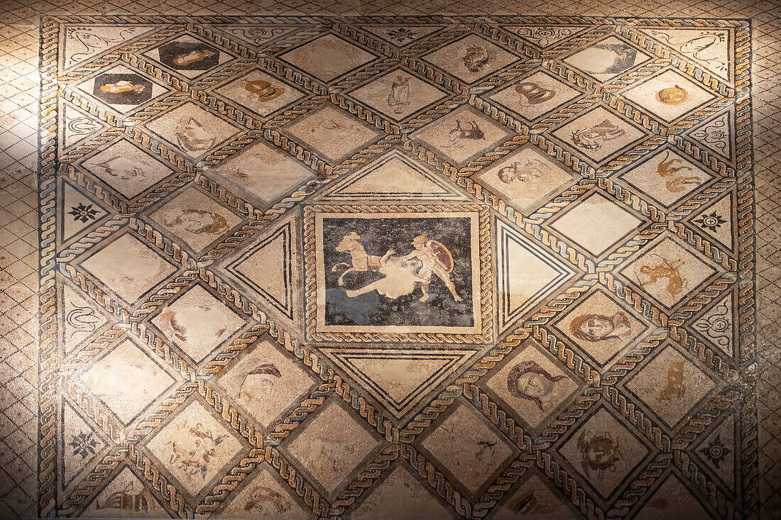 Aquiles and Pentesilea's mosaic from IV century Inside of the Madrid Regional Archaeological museum in Alcala de Henares, Madrid province, Spain.