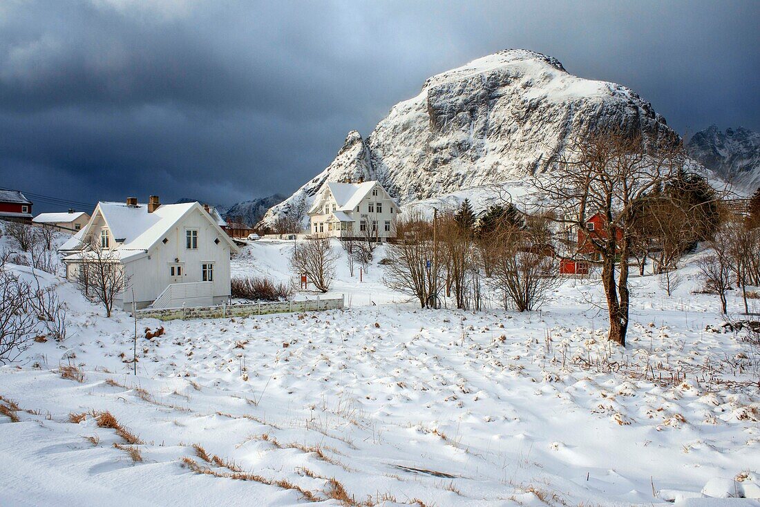 Snow landscape at Norwegian Fishing Village Museum Å in Svolvaer Lofoten Islands Norway