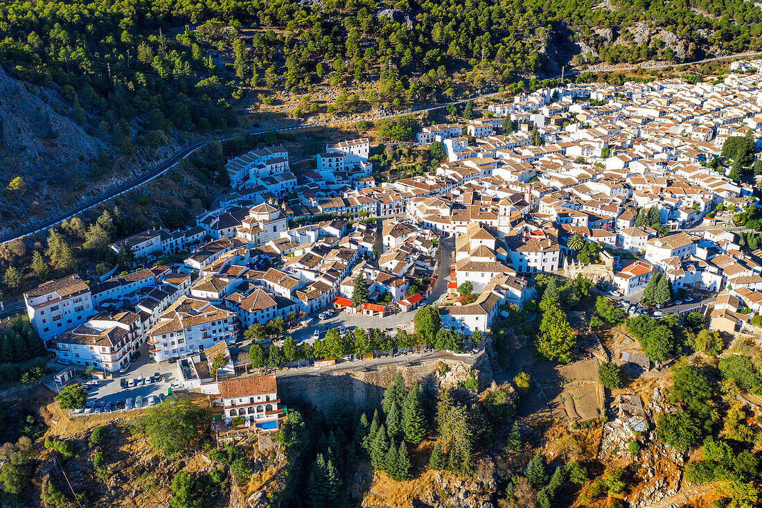 Aerial view of traditional white houses in Grazalema town, Cadiz Sierra de Grazalema Andalucia Spain.