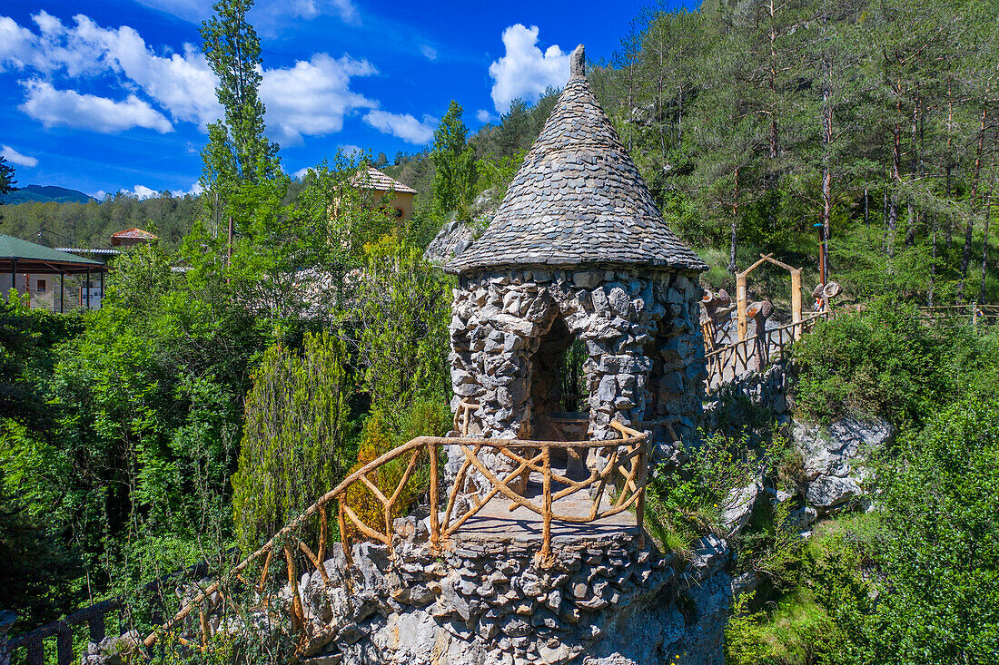 Aerial view of Artigas Gardens or Jardins Artigas designed by Antoni Gaudí. View of the arches bridge in La Pobla de Lillet, Catalonia, Spain.