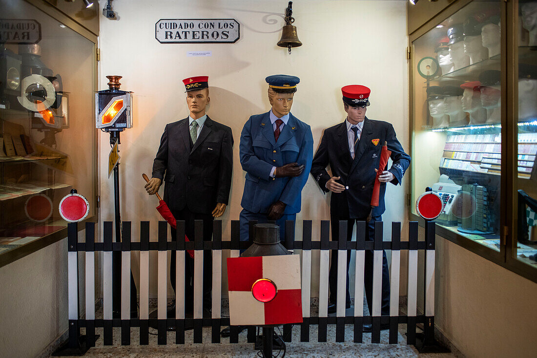 Railway museum, model costumes, screws and traffic signals, Poveda station, El Tren de Arganda train or Tren de la Poveda train in in Arganda del Rey, Madrid, Spain.