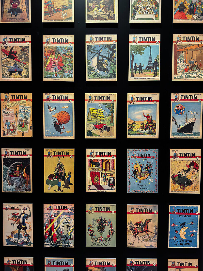 Assorted covers of The Adventures of Tintin comic books by Herge.