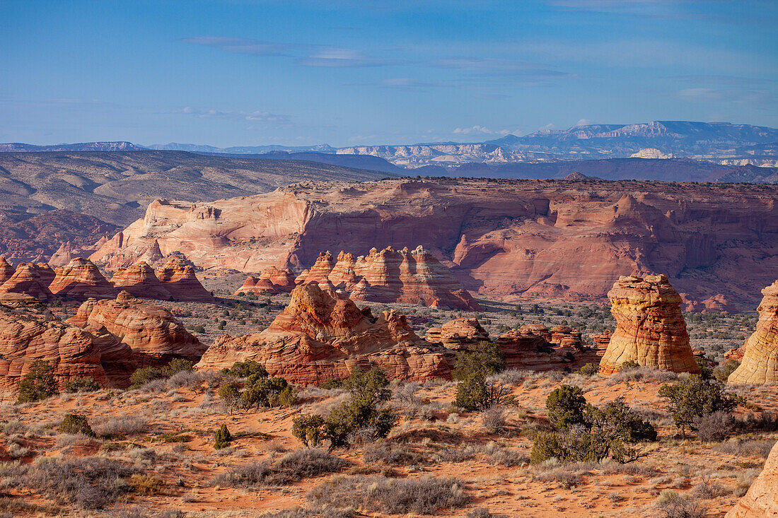 Erodierte Navajo-Sandsteinformationen in den South Coyote Buttes, Vermilion Cliffs National Monument, Arizona. Die North Teepees sind hinten in der Mitte