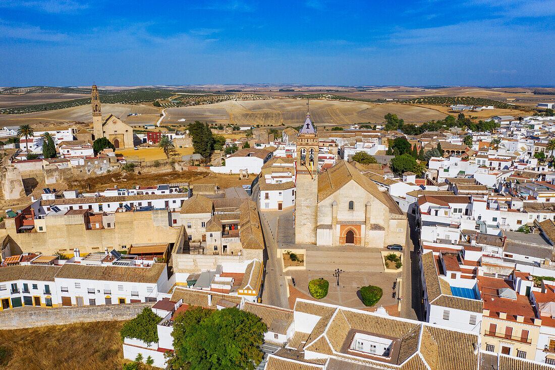 Aerial view of Iglesia de San Juan Bautista in the old town of Marchena in Seville province Andalusia South of Spain. Saint John the Baptist Church.