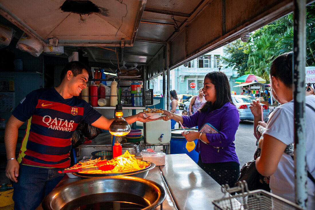 Typical food in a food stall in the Libertad park in Santa Ana Department Of Santa Ana El Salvador Central America.