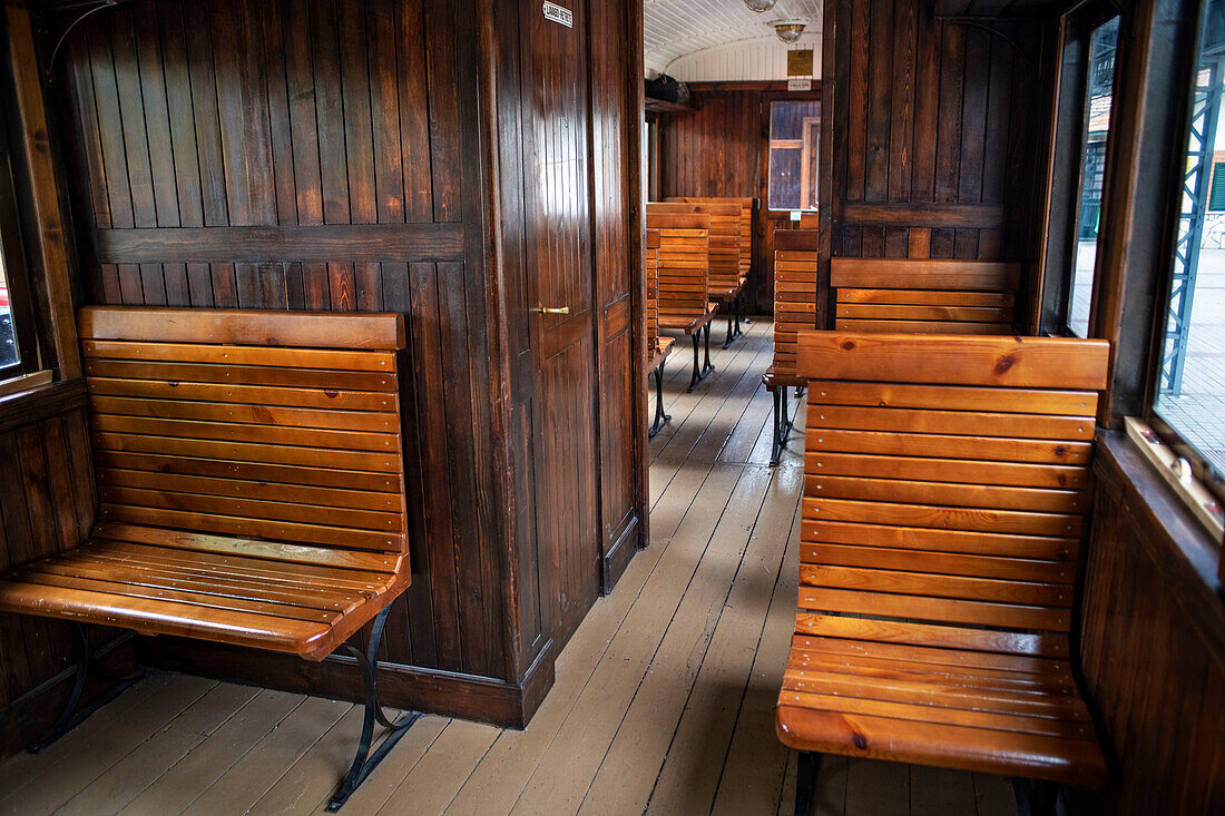 Inside coach of El Tren de Arganda train or Tren de la Poveda train in Arganda del Rey, Madrid, Spain.