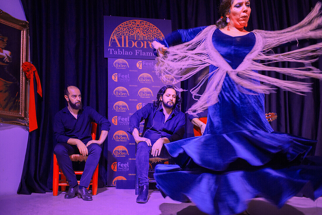 Alborea traditional flamenco tablao dancer with musioc in the city center of Granada Andalusia Spain.