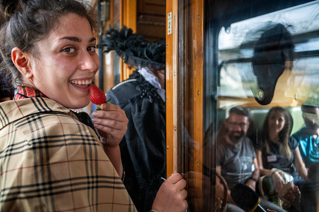 Actors, dramatization inside the Strawberry train that goes from Madrid Delicias train station to Aranjuez city Madrid, Spain.