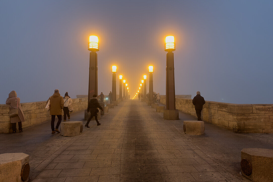 Foggy winter cityscape as temperatures go down in Zaragoza, Spain