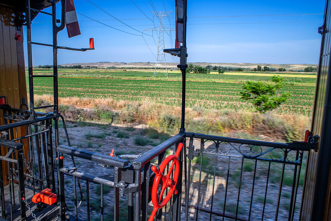 Landscape from the window inside the Strawberry train that goes from Madrid Delicias train station to Aranjuez city Madrid, Spain.