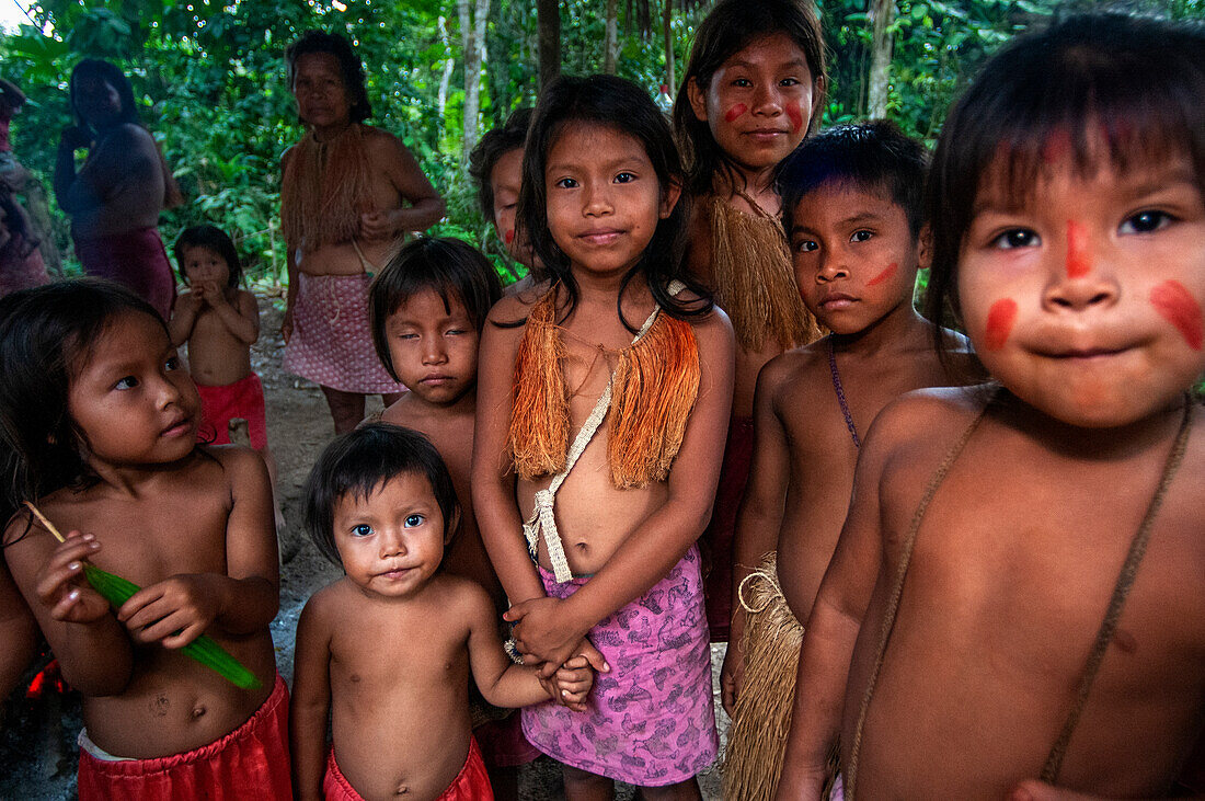 Community of Yagua Indians living a traditional life near the Amazonian city of Iquitos, Peru.