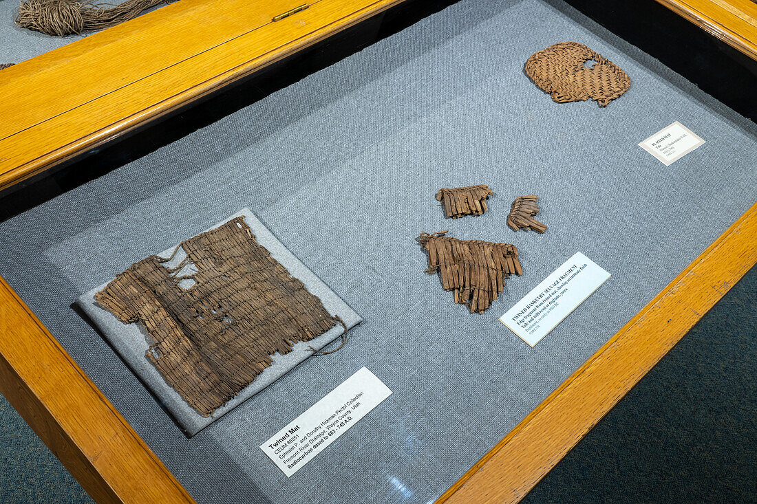 Fragments of ancient Native American twined or plaited mats in the USU Eastern Prehistoric Museum in Price, Utah.