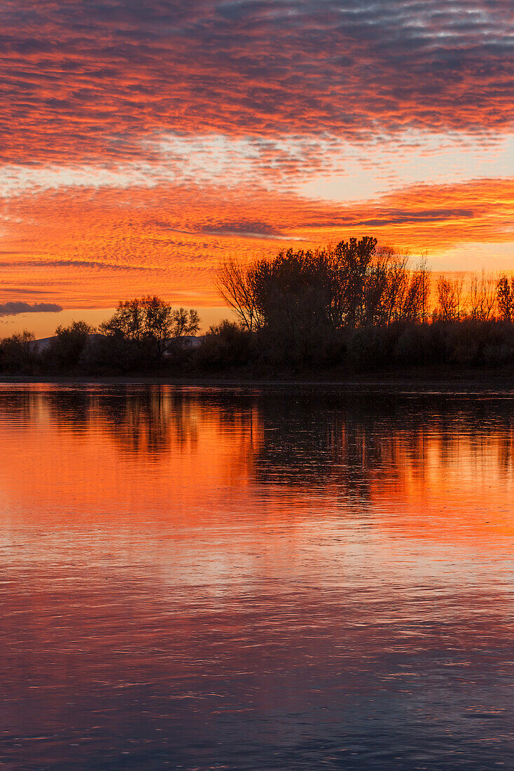 Colorful sunset skies reflected in the Green River near Jensen, Utah.