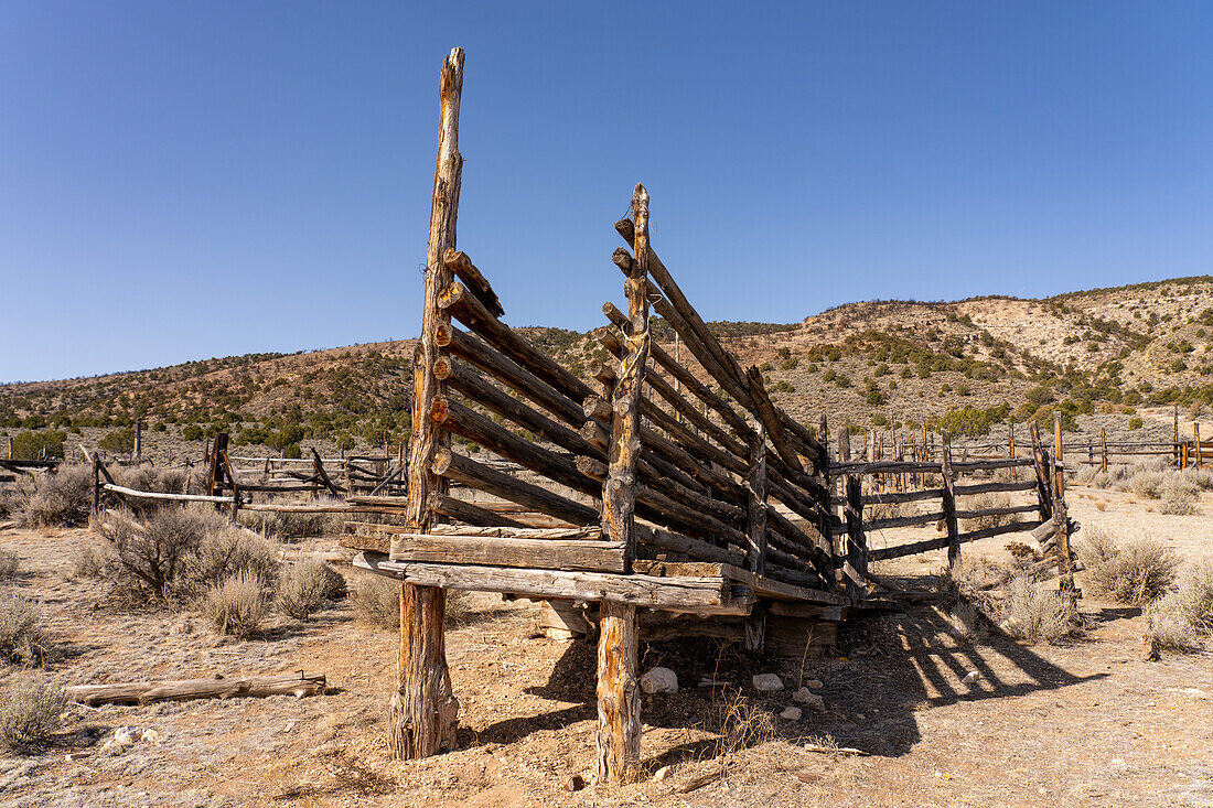 An old loading chute at a pole corral from a former ranch in the Vermilion Cliffs National Monument in Arizona.