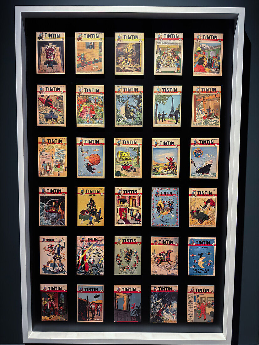 Assorted covers of The Adventures of Tintin comic books by Herge.