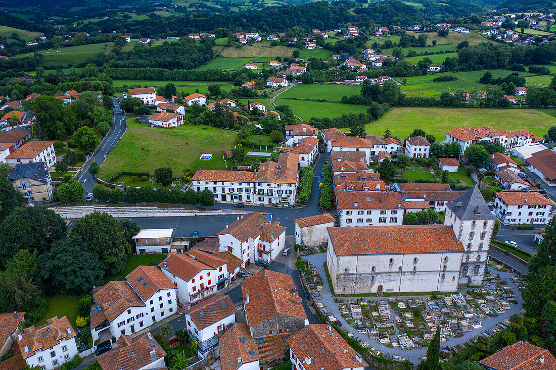 Aerial view of Sare cemetery in France in Basque Country on Spanish-French border hilltop 17th century village in Labourd province