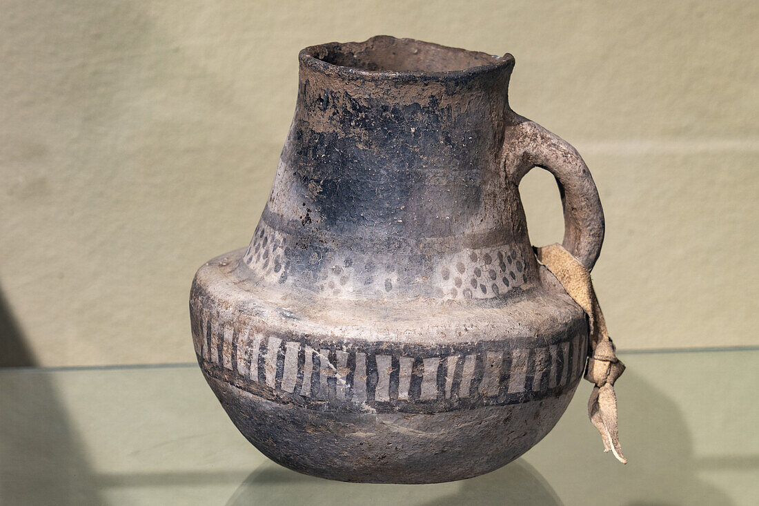 Pre-Hispanic Native American black-on-white pottery in the USU Eastern Prehistoric Museum in Price, Utah.