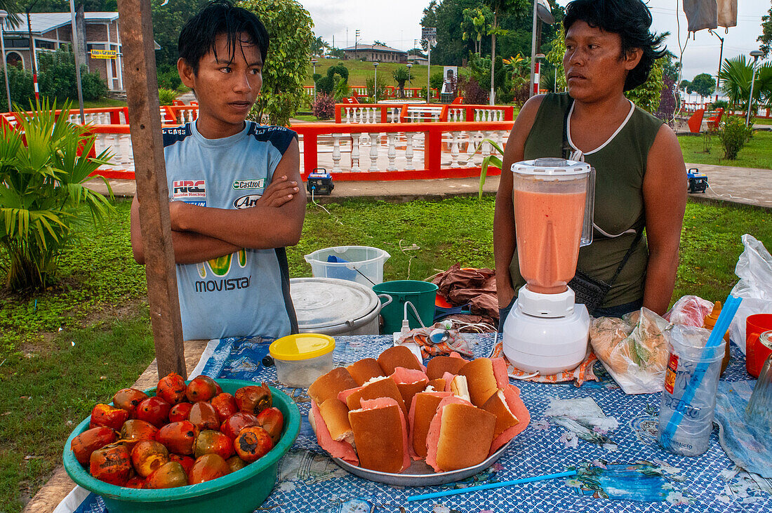 Various Food items for sale at the Indiana Morning Market on the Amazon River