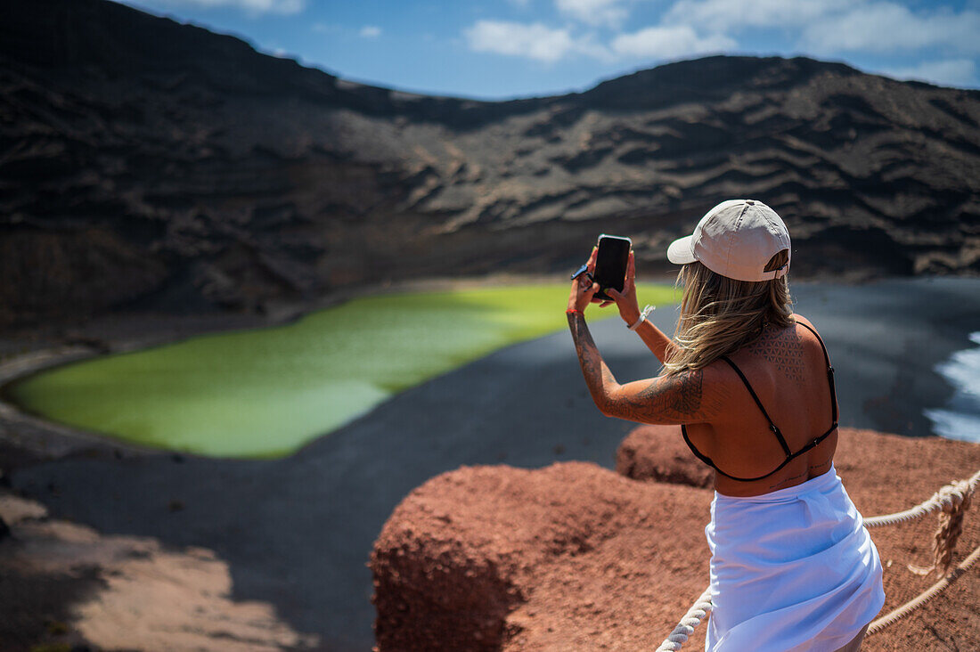 Green lagoon or Charco de los Clicos in Lanzarote, Canary Islands, Spain