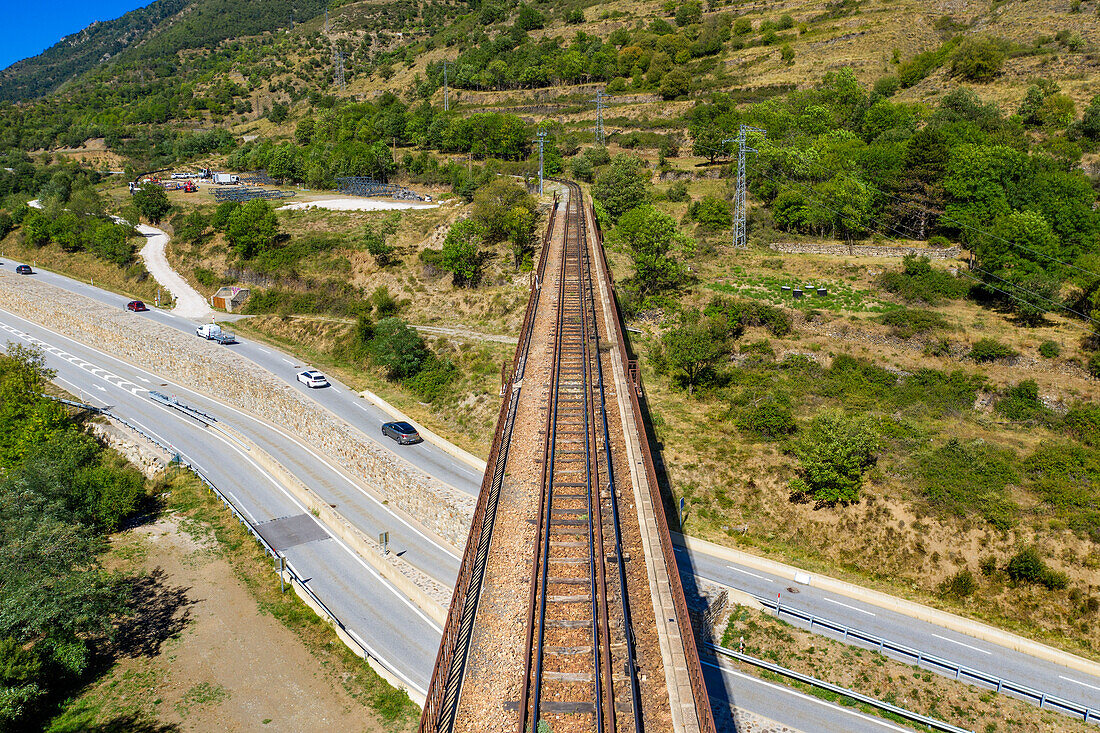 Aerial view of The Yellow Train or Train Jaune on Sejourne bridge - France, Pyrenees-Orientales.