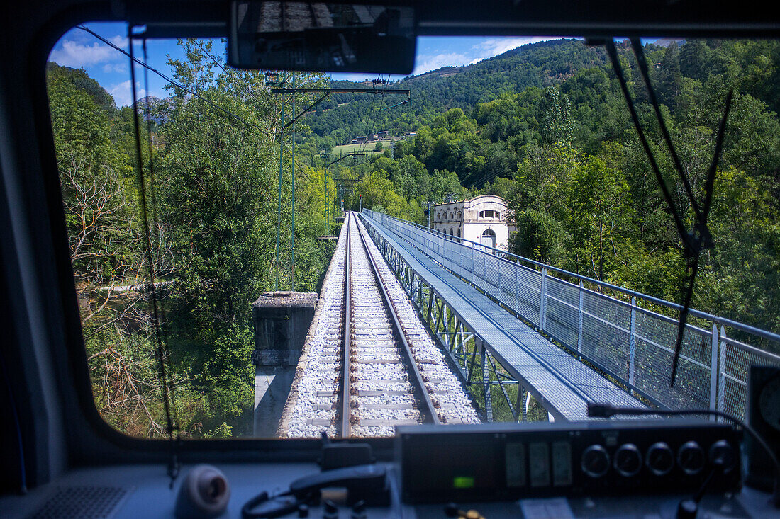 Cogwheel railway Cremallera de Núria train in the Vall de Núria valley, Pyrenees, northern Catalonia, Spain, Europe