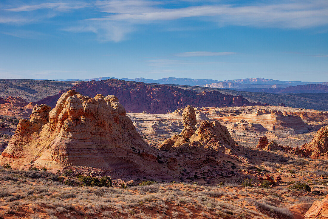 Erodierte Navajo-Sandsteinformationen in den South Coyote Buttes, Vermilion Cliffs National Monument, Arizona. North Coyote Buttes liegt dahinter. Dies ist der Standort der Wave