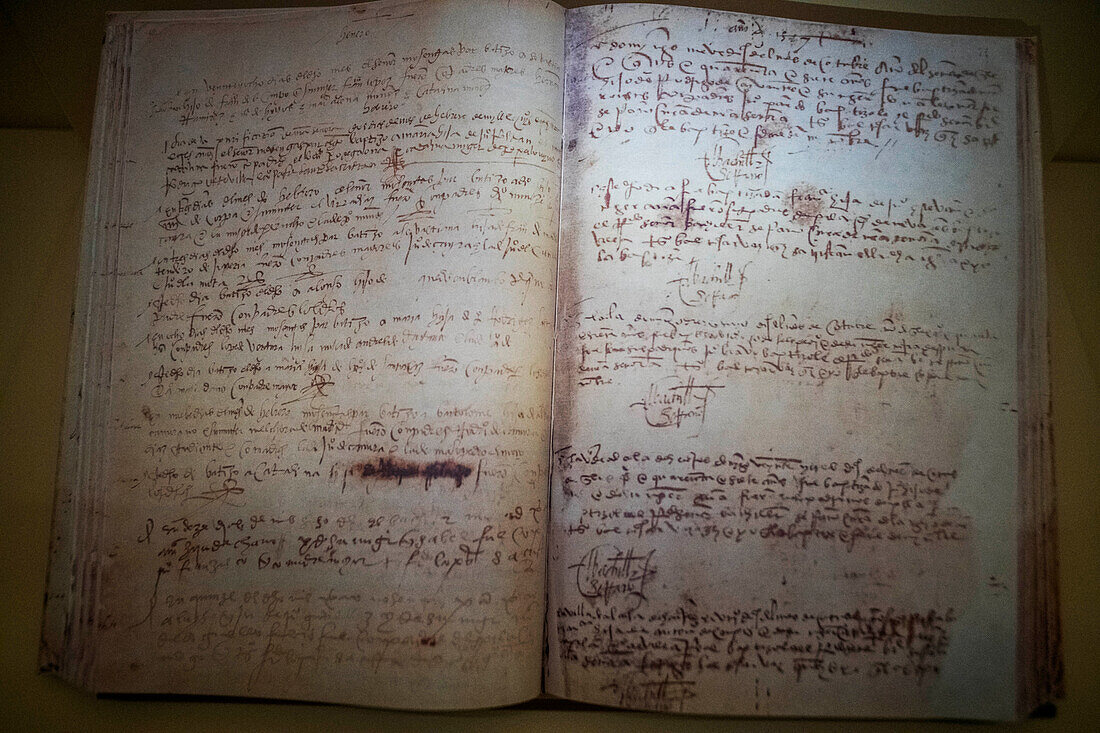 Original Baptismal book of Cervantes in Capilla del Oidor Chapel in Alcala de Henares Madrid province Spain.
