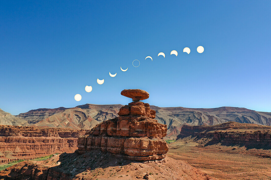 Composite image of Mexican Hat Rock in Utah, double-exposed with the annular eclipse on 14 October 2023. Mexican Hat Rock was very near the center of the path of peak annularity. FIltered images of the eclipse were added to the unfiltered image of Mexican Hat Rock taken prior to the eclipse.
