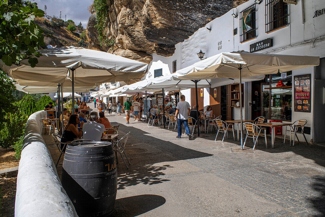 Bars and restaurants in La Cueva del Sol street, it is one of the most typical streets of Setenil de las Bodegas