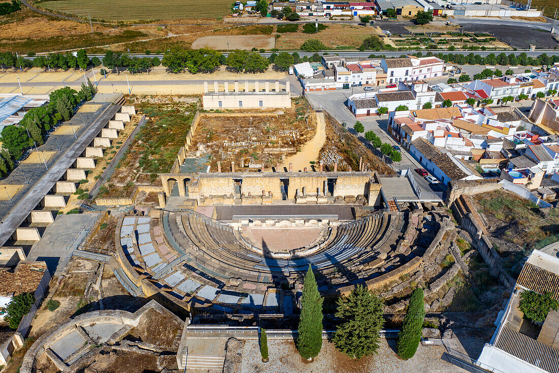 Aerial views of roman ruins of a Roman amphitheater, Italica, Seville Province, Andalusia, Spain.