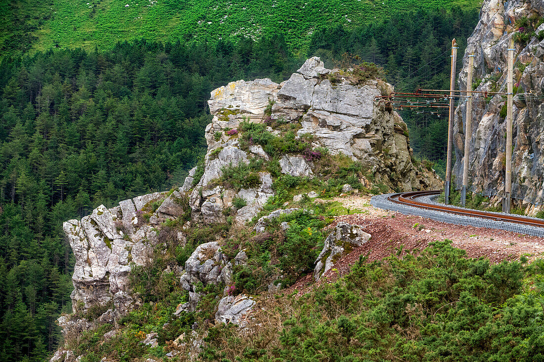 The Petit train de la Rhune rack railway in France runs to the summit of La Rhun mountain on the border with Spain.