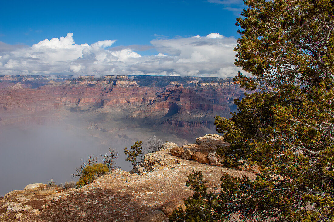Low clouds below the rim in the canyon in Grand Canyon National Park, Arizona.