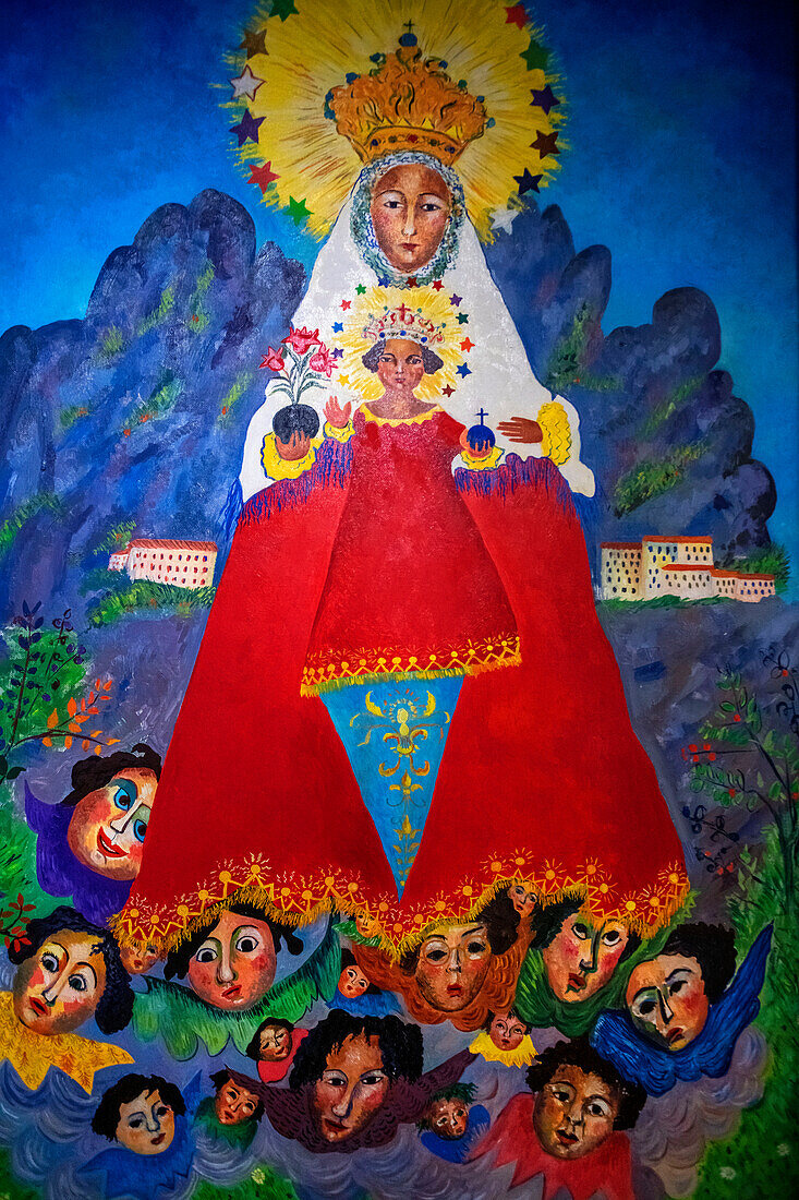 José Pérez Ocaña (1947-1983): Our lady of Montserrat with angels, Montserrat museum, Benedictine abbey of Santa Maria de Montserrat, Monistrol de Montserrat, Barcelona, Catalonia, Spain