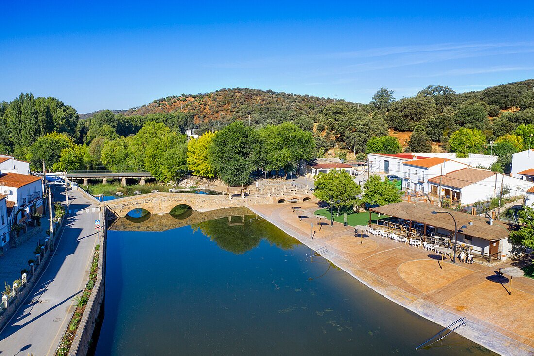 Roman bridge and Galindon river, San Nicolas del Puerto, Seville-province, Region of Andalusia, Spain.